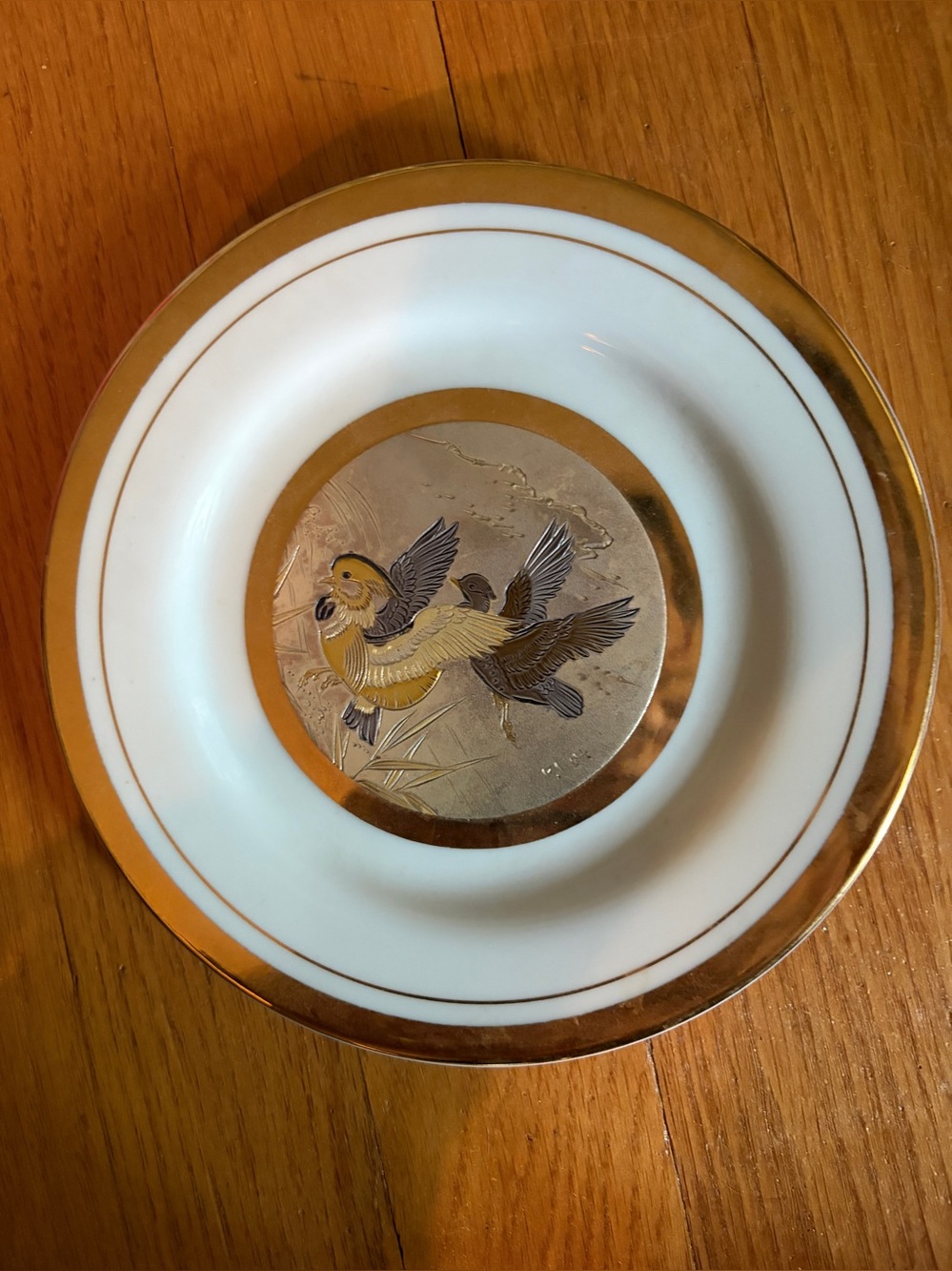 The Art of Chokin Silver And Gold Decorative Bird Plate 6.5”